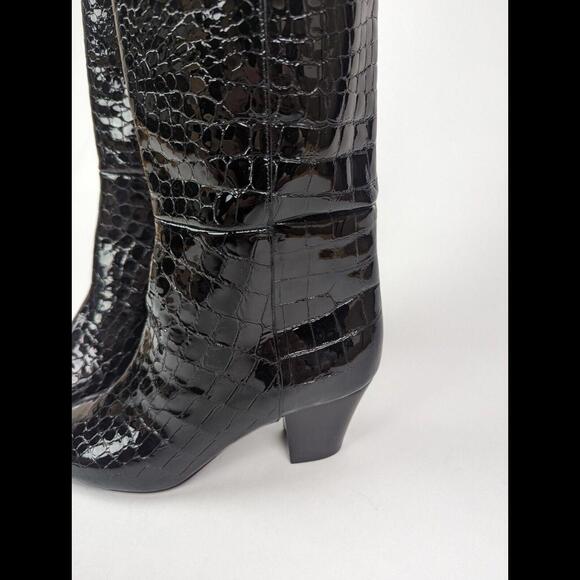 NEW SAINT LAURENT PARIS Sz EU 37 US 7 KIM Black Calfskin Croc Embossed OTK Boots - Picture 7 of 13